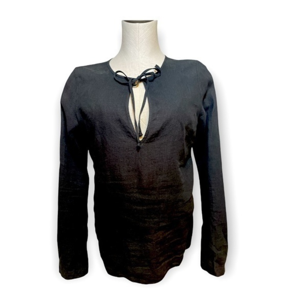 Juicy Couture Women Black linen long sleeve keyhole front gathered back blouse S